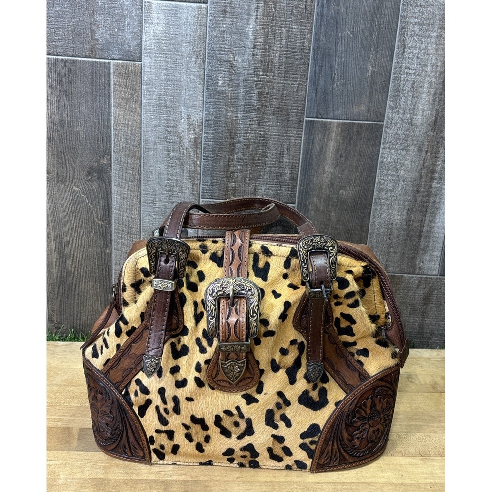 American Darling Leopard Calf Hair Leather Satchel Western Tooled Cowgirl Bag